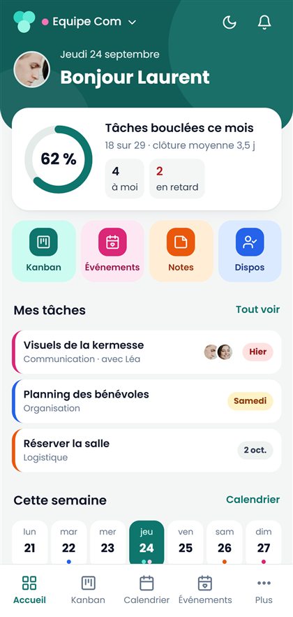 L'écran d'accueil de CoPlaneo sur un téléphone