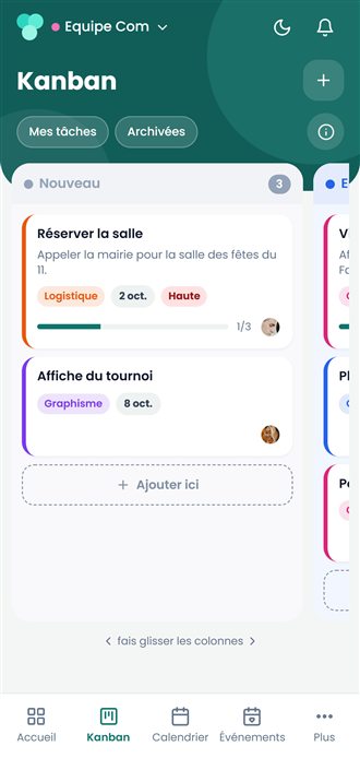 Le tableau Kanban de CoPlaneo sur un téléphone
